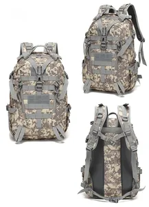 Three-sided view of ACU digital camouflage tactical backpack with Molle system for hiking