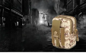 Detail of desert camo tactical waist pouch showing waterproof nylon and buckle closure
