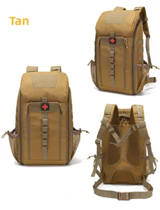 Detailed views of tan tactical medical backpack with MOLLE system and breathable mesh back
