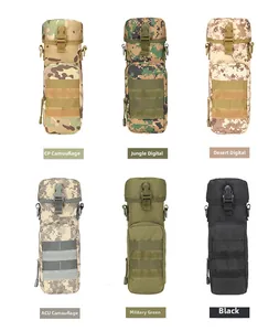 Multiple tactical water bottle pouches in camouflage, black, and olive green nylon