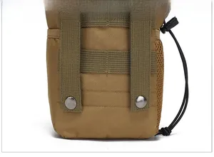 Close-up of tactical MOLLE system with durable metal snap buttons on tan nylon pouch