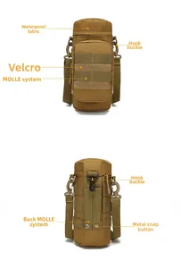 Detailed front and back view of khaki tactical water bottle bag with MOLLE webbing system