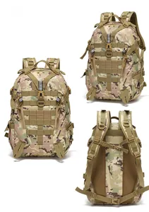 Three-view layout of CP camouflage tactical backpack showing MOLLE system and mesh back