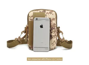 Tactical nylon waist pouch in desert camo shown next to a smartphone for size reference