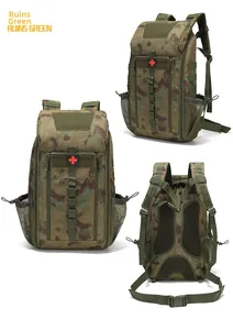 Tactical medical backpack in Ruins Green featuring MOLLE system and breathable mesh back