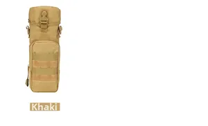 Detail of khaki tactical water bottle pouch with MOLLE webbing and durable buckle straps