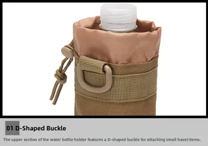 Tactical water bottle pouch detail showing D-ring buckle and tan nylon fabric