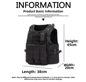 Detailed technical drawing of black tactical vest showing size dimensions 38cm by 45cm