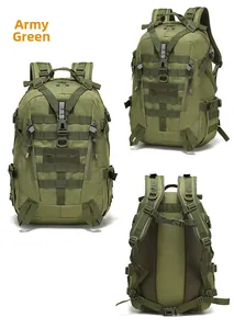 Three-way view of army green tactical backpack with breathable mesh padding and MOLLE system