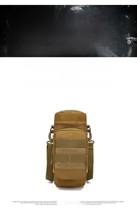 Detail view of khaki nylon tactical water bottle bag with MOLLE webbing system and D-rings