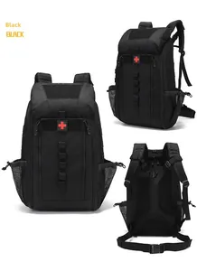 Three-way view of black tactical medical backpack with MOLLE system and red cross patch