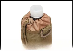 Close-up of tactical nylon water bottle pouch with adjustable drawstring and D-ring
