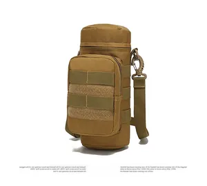 Detailed 45-degree view of a khaki tactical water bottle bag with MOLLE webbing system