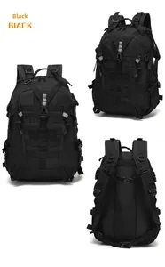 Three views of black tactical military backpack showing MOLLE system and nylon texture