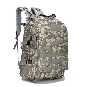 Macro detail of the 3D tactical backpack showing digital camouflage and MOLLE system