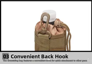 Detail of khaki tactical water bottle pouch with durable drawstring and swivel D-ring hook