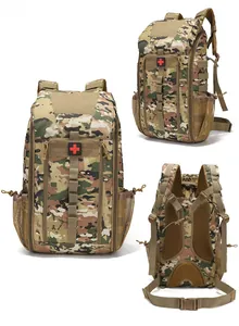 Three views of Multicam tactical medical backpack with Molle system and breathable back