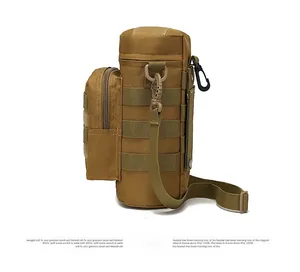 Detail view of khaki tactical water bottle bag with MOLLE webbing and side zipper pocket