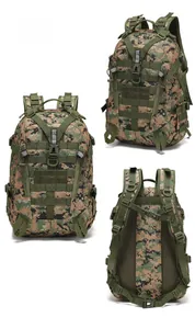 Three-view layout of a jungle digital camouflage tactical backpack with MOLLE system