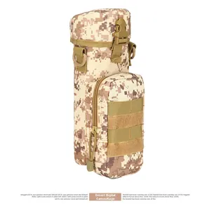 Detail view of desert digital camouflage tactical water bottle bag with Molle system straps