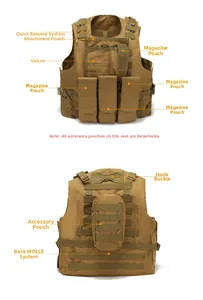Detailed view of khaki tactical vest with MOLLE system and multiple storage pockets