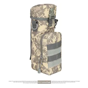 Detail of ACU camouflage tactical water bottle pouch with MOLLE straps and buckle closure