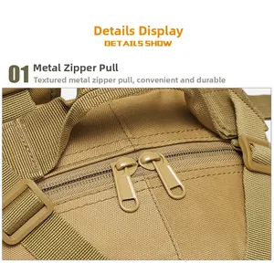 Detail of durable dual metal zippers and webbing handle on khaki tactical backpack