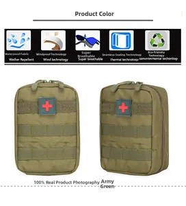 Tactical green first aid kit with MOLLE system showing waterproof and durable material