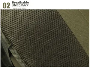 Detail of army green tactical backpack featuring breathable honeycomb mesh on the back