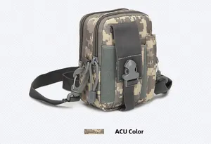 Close-up of tactical ACU camouflage waist bag with dual zippers and buckle pocket