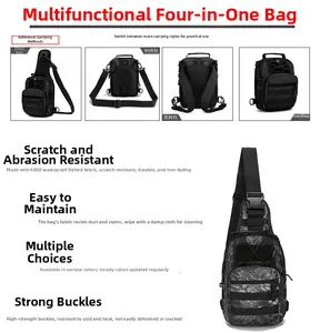 Tactical crossbody bag detail showing 4-way wear modes and waterproof 600D oxford fabric