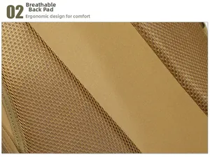 Detail of ergonomic breathable mesh back padding on the tactical camping backpack
