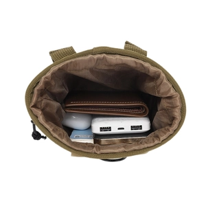 Army green Molle tactical pouch showing interior capacity with phone and power bank