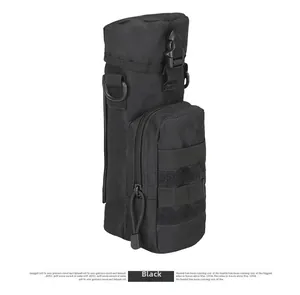 Detail view of the black tactical water bottle pouch with MOLLE system and nylon texture