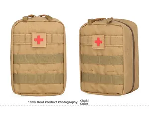 Detailed view of khaki tactical medical pouch with red cross patch and MOLLE system