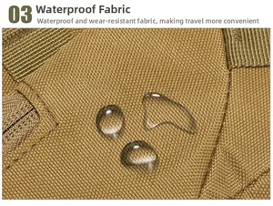 Macro shot of brown tactical backpack fabric with waterproof coating and water droplets