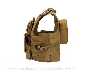 Side view of tactical vest in coyote brown featuring MOLLE webbing and side quick-release buckles