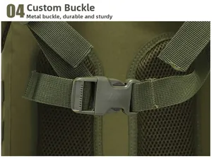 Close-up of durable reinforced plastic buckle and nylon straps on green tactical backpack