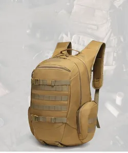 Detail of khaki tactical backpack featuring MOLLE webbing system and breathable shoulder straps