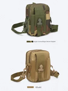 Tactical waist pouch detail in desert digital camouflage and khaki nylon fabric