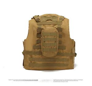 Rear view of tactical MOLLE vest in tan color showing modular webbing and pouch