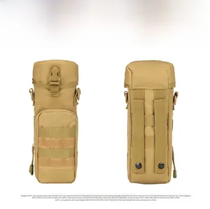 Front and back view of khaki tactical water bottle bag with MOLLE system and belt loops
