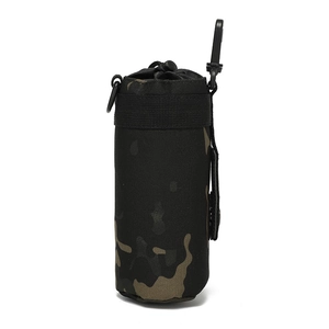Tactical multicam black camo water bottle pouch with drawstring closure and hook for hiking