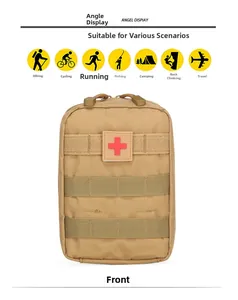 Tactical khaki first aid pouch featuring MOLLE webbing system and cross patch for camping