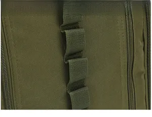 Close-up of tactical nylon backpack featuring the MOLLE webbing system and side zipper details