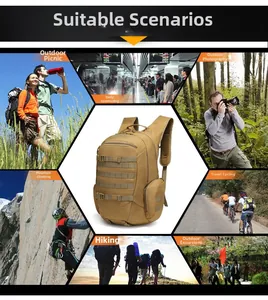 Detail view of khaki tactical backpack featuring Molle system for outdoor hiking and climbing