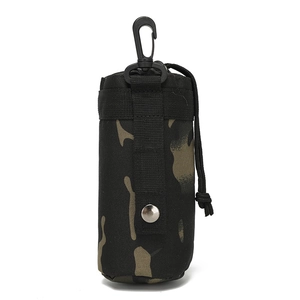 Tactical camouflage water bottle pouch with MOLLE system and drawstring closure for hiking