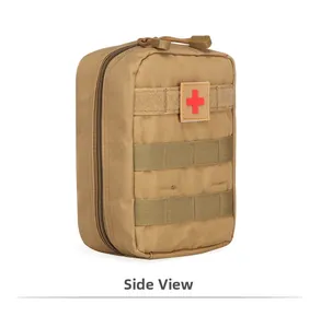 Side view of tactical medical first aid pouch in coyote brown with MOLLE system and red cross
