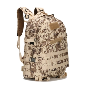 Macro view of digital desert camouflage tactical backpack with MOLLE system webbing