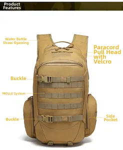 Detailed view of khaki tactical backpack featuring MOLLE system and hydration port
